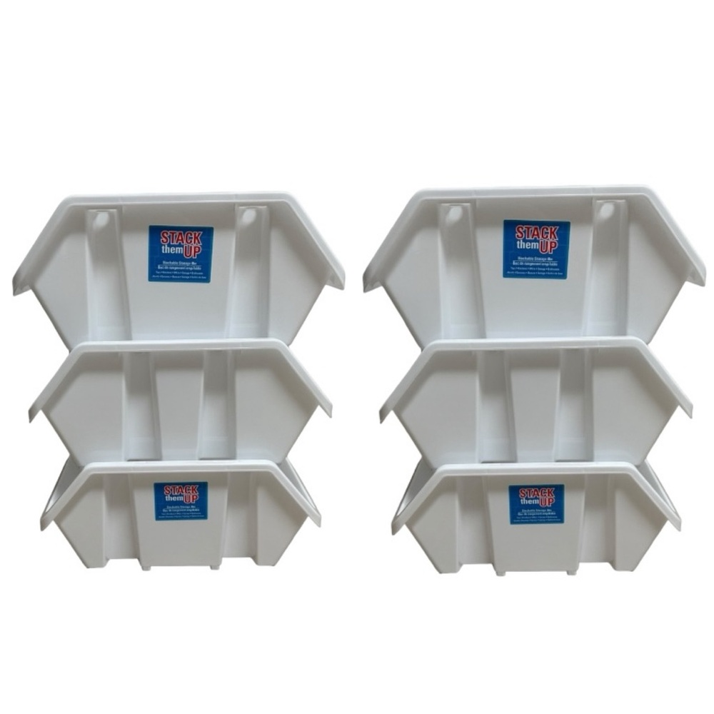 Stack & Nest Stackable White Plastic Storage Organizer Bins, Set of 6 NWT